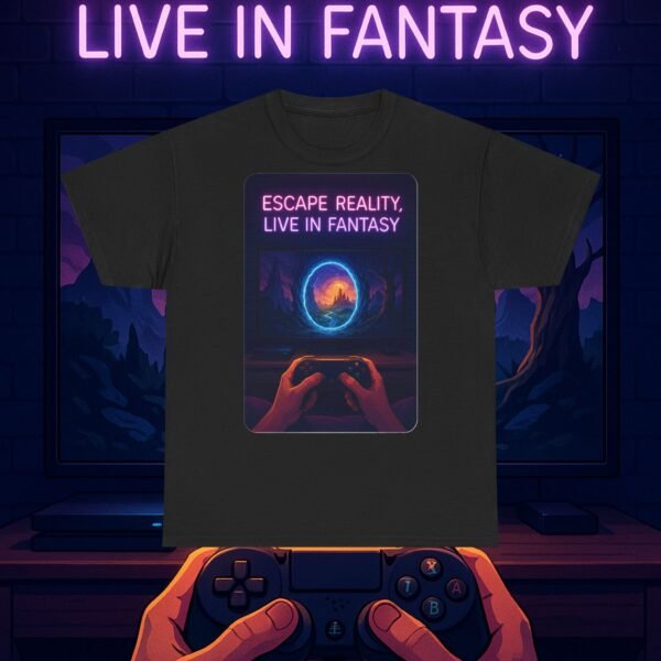 Fantasy Portal Gamer T-shirt - Escape Reality, Live in Fantasy (Front) - Image 3